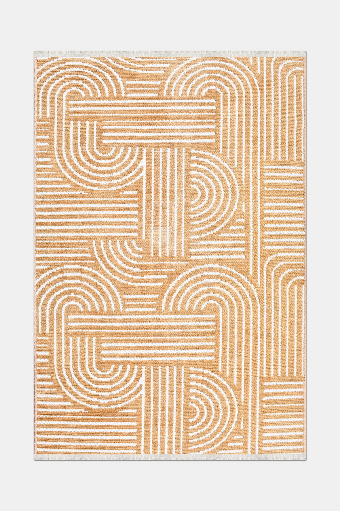 RINA-6113S- Mustard With White Rug –  Washable Non-Slip Carpet – Latex Backing – Living Room, Hallway, Kitchen – Robot Vacuum Friendly