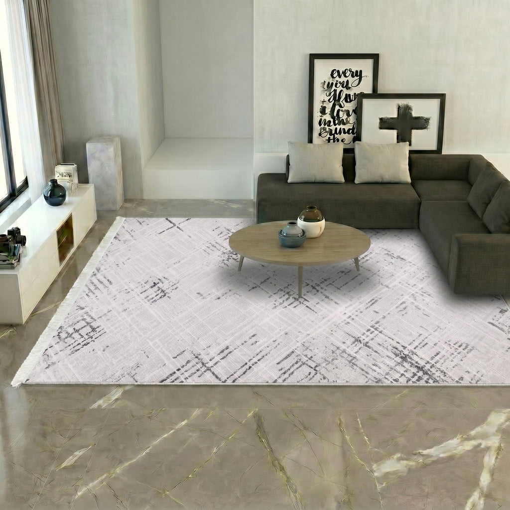 VİANORA-VY07- Gray-Black-Soft Acrylic Rug – Modern Living Room Rug, Durable, 7 mm Pile, Custom Size