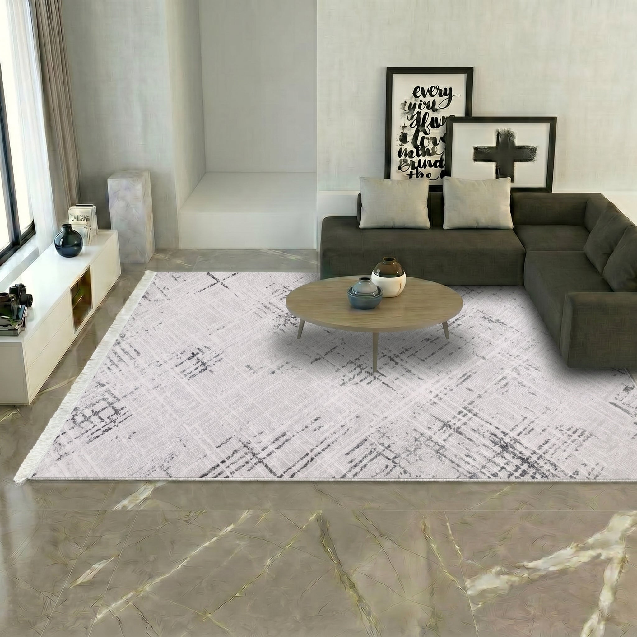 VİANORA-VY07- Gray-Black-Soft Acrylic Rug – Modern Living Room Rug, Durable, 7 mm Pile, Custom Size