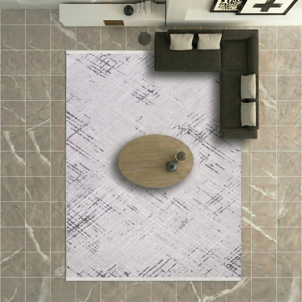 VİANORA-VY07- Gray-Black-Soft Acrylic Rug – Modern Living Room Rug, Durable, 7 mm Pile, Custom Size