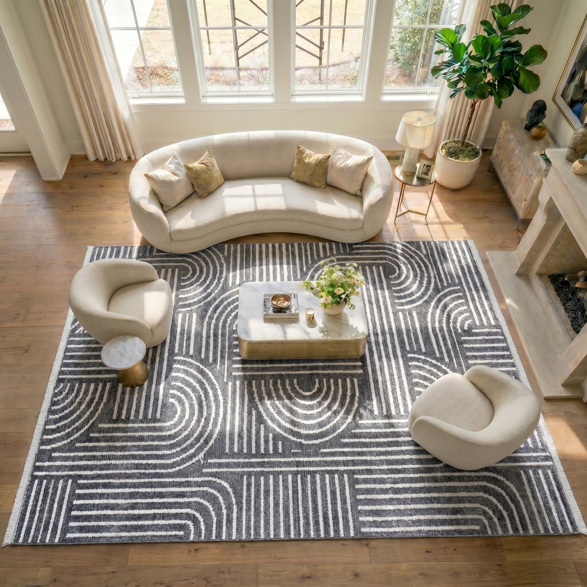 RINA-6116S- Anthracit With White Rug –  Washable Non-Slip Carpet – Latex Backing – Living Room, Hallway, Kitchen – Robot Vacuum Friendly