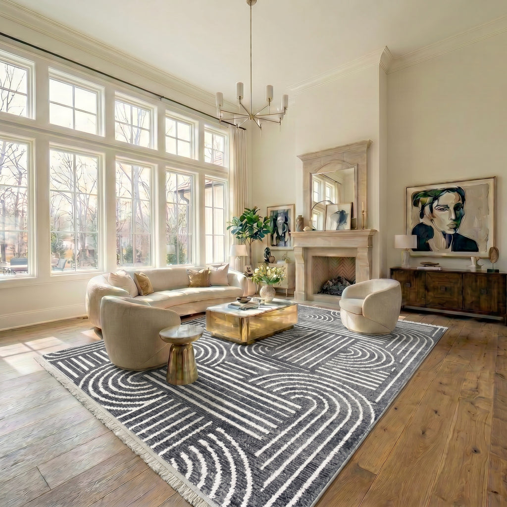 RINA-6116S- Anthracit With White Rug –  Washable Non-Slip Carpet – Latex Backing – Living Room, Hallway, Kitchen – Robot Vacuum Friendly
