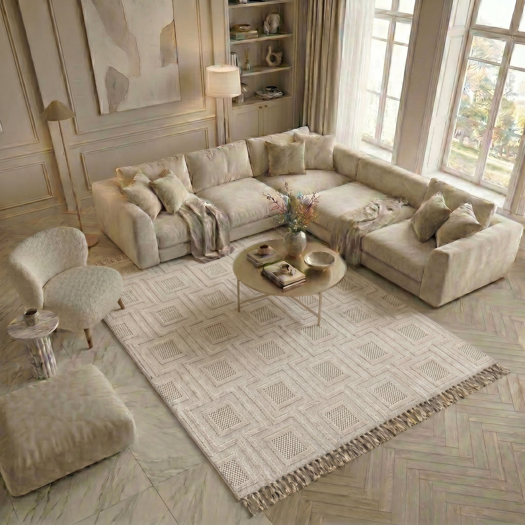 BEREN-BR008-Beige– Checkered Square Pattern –Non-Slip Backing – Robot Vacuum Friendly – Easy to Clean